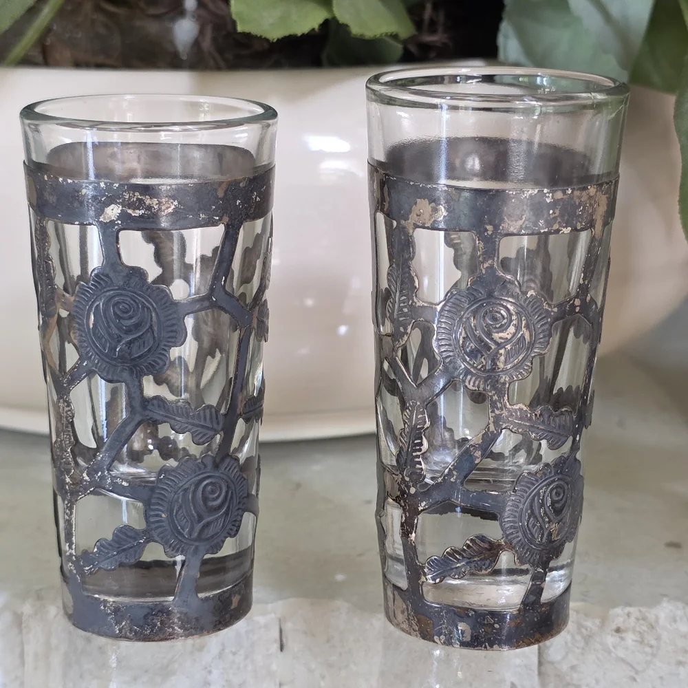 Vintage Shot Glasses with Silver Rose Design Around The Glass
